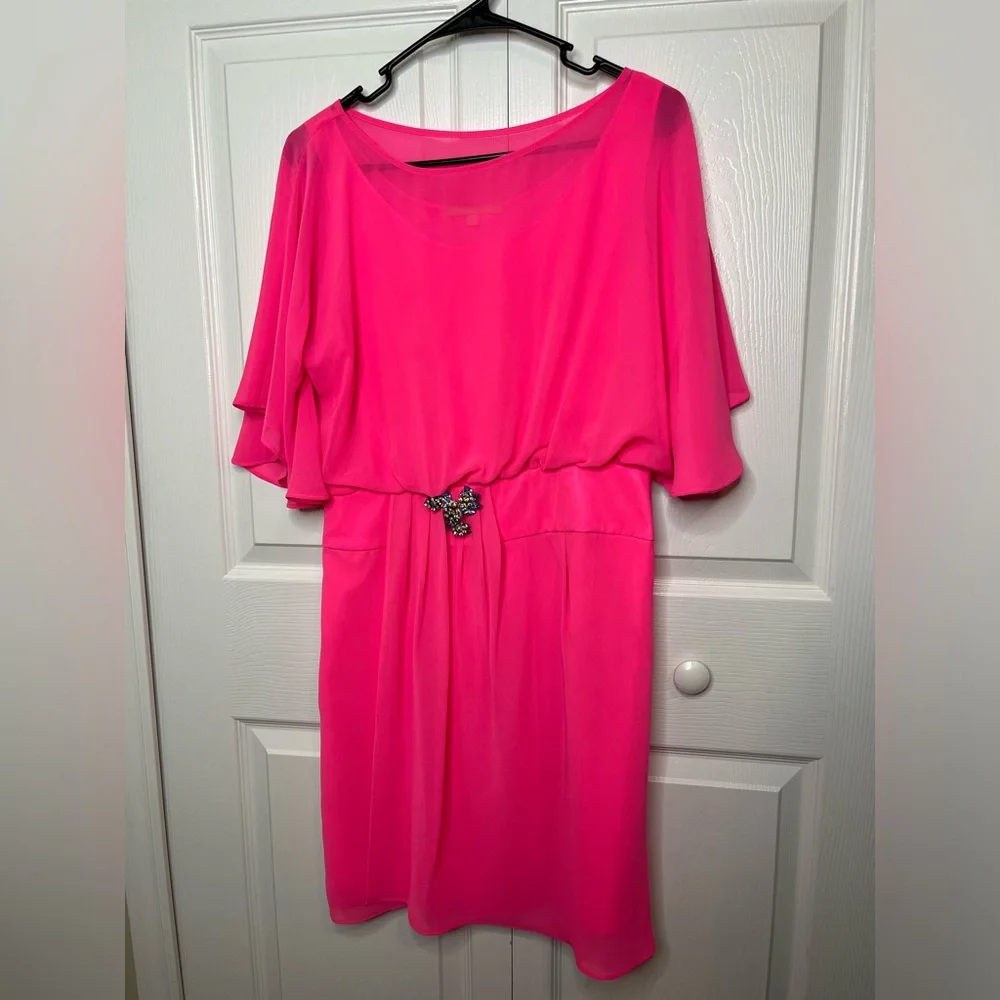 Gianni Bini Hot Pink Ruffle Sleeves Mini Dress Jewel Size Medium Lightweight - Picture 1 of 7